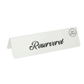 5 stk. RESERVERET bordskilte (DK) med dit logo, i aluminium, hvid