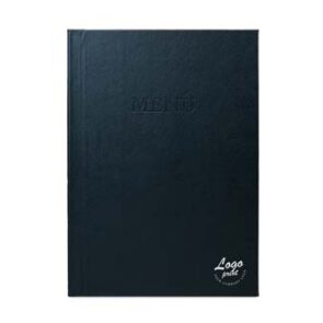 Menuomslag med klemryg, A4 "MENU", med dit logo, PU læder sort