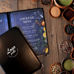 A4>Menuomslag Læder Deluxe med dit logo, Simpel 2 sidet, sort